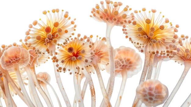 Closeup of delicate ethereal orange mushrooms with intricate details for nature and botanical themes