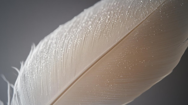 A closeup of a delicate feather adorned with tiny water droplets