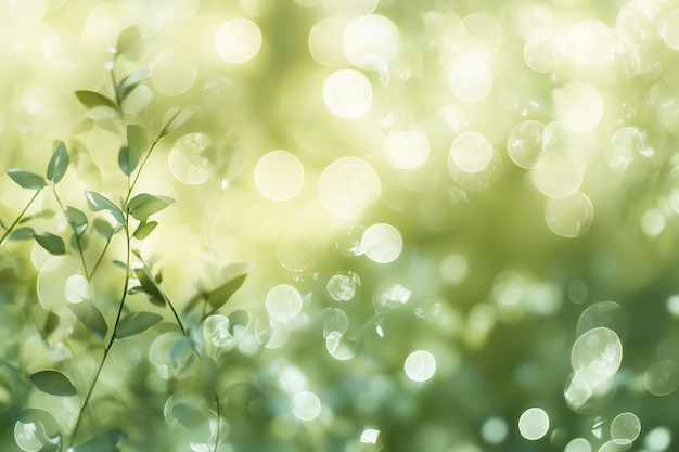 A closeup of delicate green leaves with shimmering sunlight creating a bokeh effect in a serene outdoor environment during spring