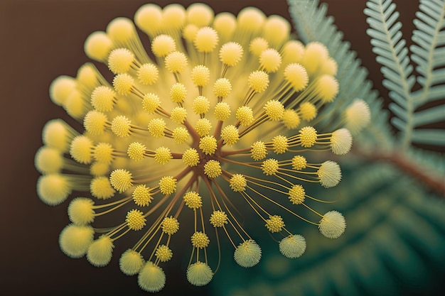 A closeup of a delicate mimosa flower with its intricate patterns and textures created with generati