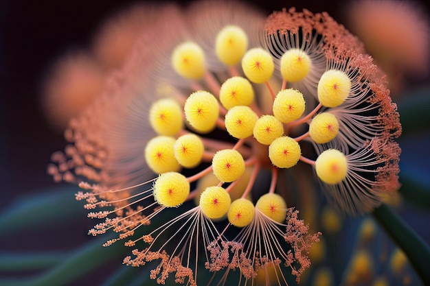 A closeup of the delicate petals and buds of a mimosa flower created with generative ai