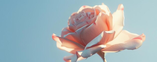 Photo closeup of a delicate pink rose against a soft blue sky