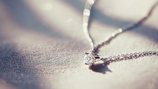 Photo a closeup of a delicate silver necklace with a sparkling diamond pendant elegantly resting on a softly lit surface