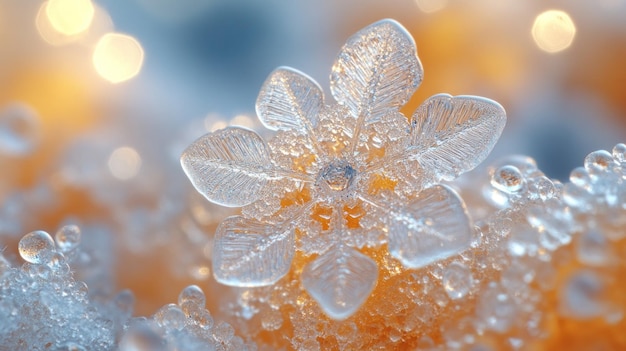 Photo closeup of a delicate snowflake with intricate details against a bokeh background