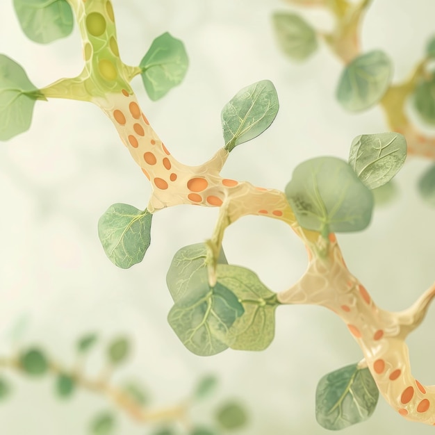 Closeup of delicate stylized green leaves and branches with orange spots