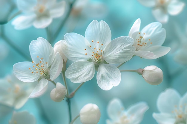 A closeup of delicate white cherry blossoms against the soft turquoise background creating an encha