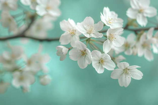 A closeup of delicate white cherry blossoms against the soft turquoise background creating an encha