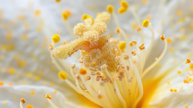 Closeup of a delicate white flower with yellow stamen and rich pollen detail