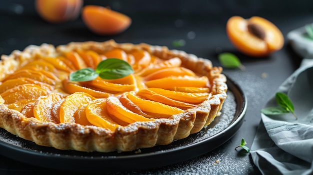 Closeup of delicious apricot tart on the table freshly cooked