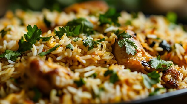 Photo closeup of a delicious and aromatic chicken biryani with fresh cilantro garnish