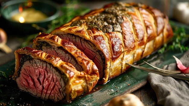 A closeup of a delicious beef Wellington a classic dish for special occasions