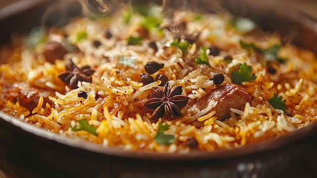 Photo closeup of delicious biryani dish with perfectly cooked rice and spices