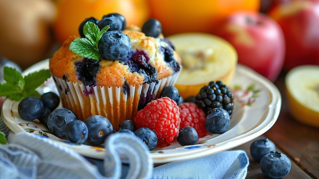 Closeup of delicious blueberry muffin on a plate surrounded by fresh fruits