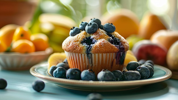 Closeup of delicious blueberry muffin on a plate surrounded by fresh fruits