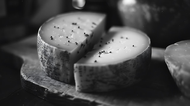 Photo closeup of a delicious cheese wheel with a focus on the texture and details