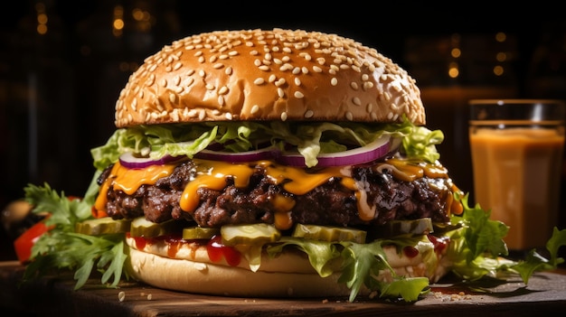 Closeup of a delicious cheeseburger with lettuce tomato onion and pickles on a sesame seed bun