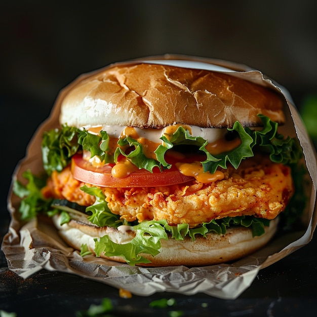 Closeup of a Delicious Chicken Burger with Sauce and Lettuce