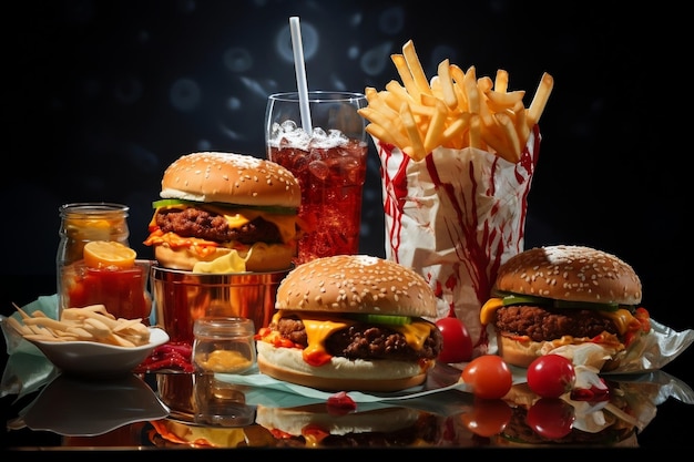 Closeup of delicious fast food snacks and drinks on a table Generative Ai