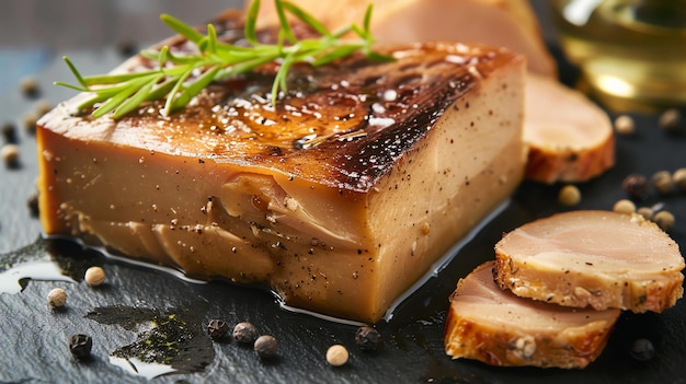 Closeup of a delicious foie gras terrine with rosemary and peppercorns