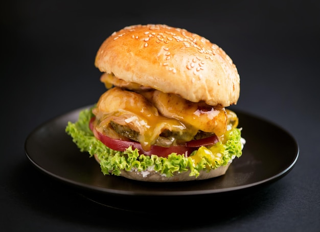 Closeup of a delicious fresh homemade burger with lettuce cheese onion and tomato on a rustic wooden board on a dark background