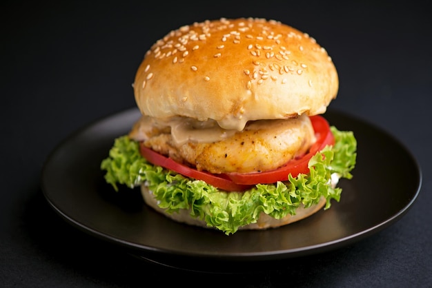 Closeup of a delicious fresh homemade burger with lettuce cheese onion and tomato on a rustic wooden