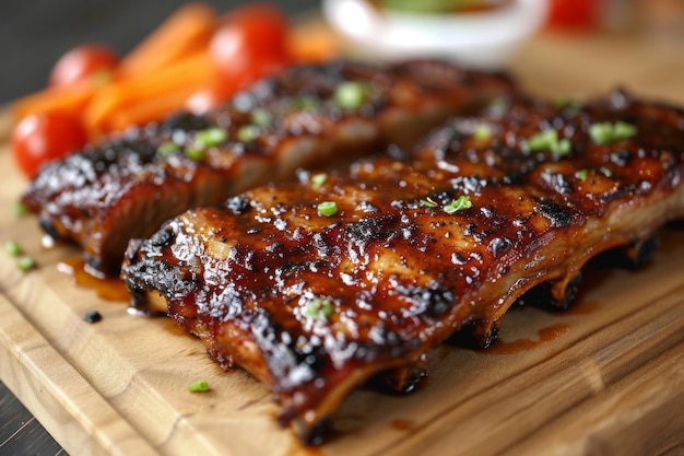 Closeup of delicious fried ribs glazed in honey and soy sauce on a wooden serving board american bbq