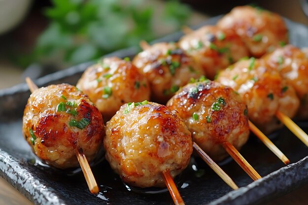 Closeup of Delicious Glazed Meatballs Skewered on Wooden Sticks