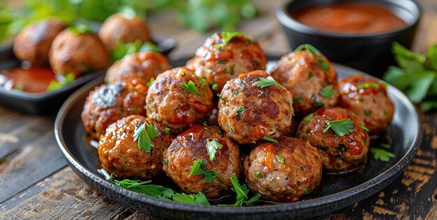 Closeup of Delicious Glazed Meatballs With Parsley Garnish on a Black Plate