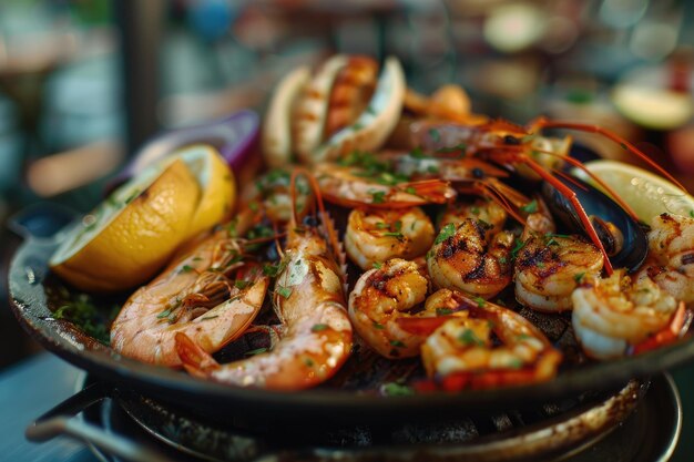 Closeup of a Delicious Grilled Seafood Platter with a Variety of Items