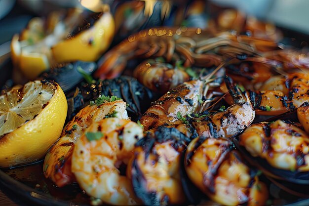 Closeup of a Delicious Grilled Seafood Platter with a Variety of Items