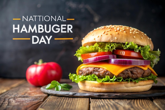 Photo a closeup of a delicious hamburger with lettuce tomato onion and cheese on a wooden table with the text quotnational hamburger dayquot on a black background