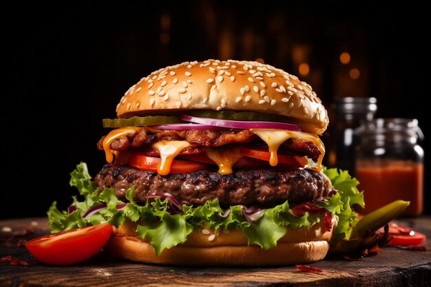 Closeup of a delicious homemade beef burger on a wooden table Generative Ai