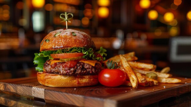 Closeup of a delicious hot fresh burger with tomatoes juicy cutlet lettuce leaves and pickles and French fries on a wooden tray Fast food Side Dish Lunch Restaurant Cafe concepts