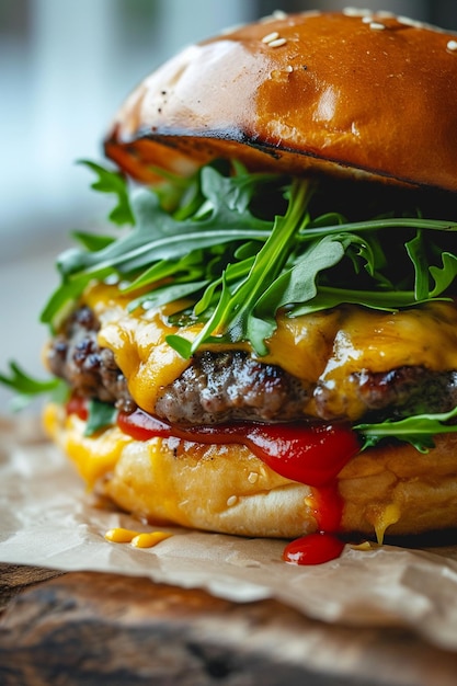 Photo closeup of a delicious juicy burger healthy and tasty burger