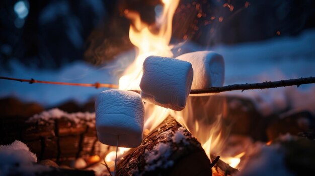 Photo closeup of delicious marshmallows roasted in hot fire coals at camping ai generated image