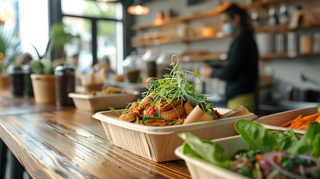 Closeup of a delicious meal in a takeout container on a wooden counter