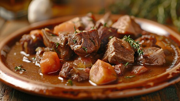 Closeup of a delicious meat stew on a rustic style plate