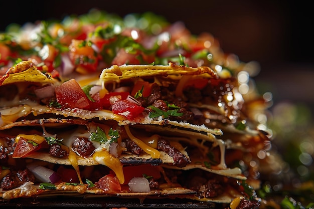 CloseUp of Delicious Nachos with Melted Cheese Beef and Toppings