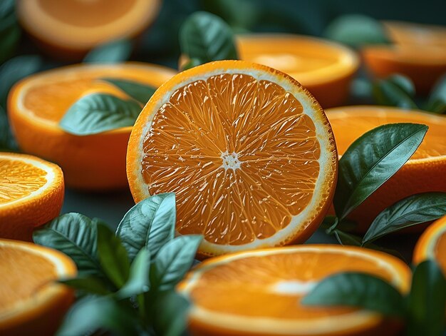 Closeup Delicious Orange Halved with Green Leaf