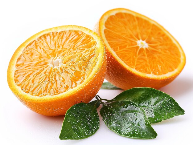 Closeup Delicious Orange Halved with Green Leaf