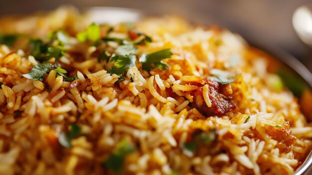 Photo closeup of a delicious plate of biryani with garnish