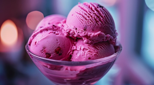 Closeup of Delicious Raspberry Ice Cream in a Glass Bowl