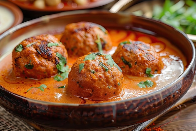 Closeup of delicious spicy meatballs in a rich tomato sauce garnished with fresh herbs perfect for a hearty meal