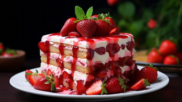 Closeup of a delicious strawberry cake Dessert Cake on a white plate on the table Pastry shop Cafe Restaurant food