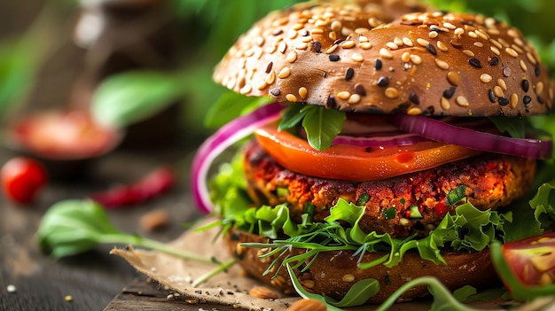 Closeup of a delicious veggie burger with fresh toppings red onion tomato and lettuce