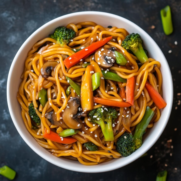 Photo closeup of a delicious veggie lo mein noodles in a white bowl top view perfect for food blogging or restaurant menu generative ai