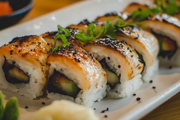 Closeup of Deliciously Prepared Sushi Rolls with Sesame Seeds and a Garnish of Green Herbs