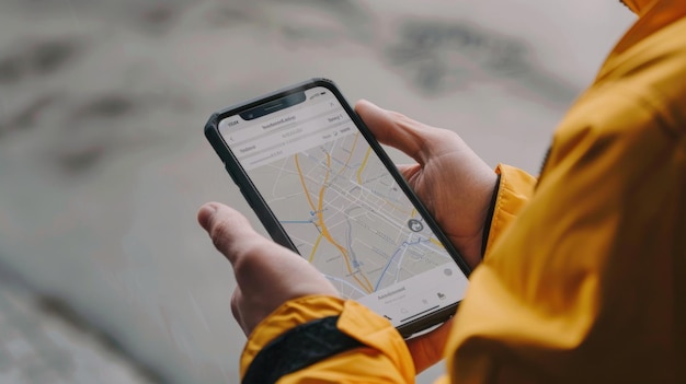 Photo closeup of a delivery persons hand holding a smartphone with a delivery tracking app