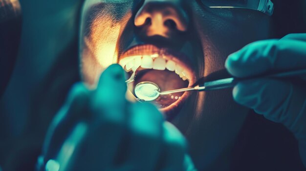 Photo closeup of a dental examination with a dentist using tools to inspect a patient39s open mouth under