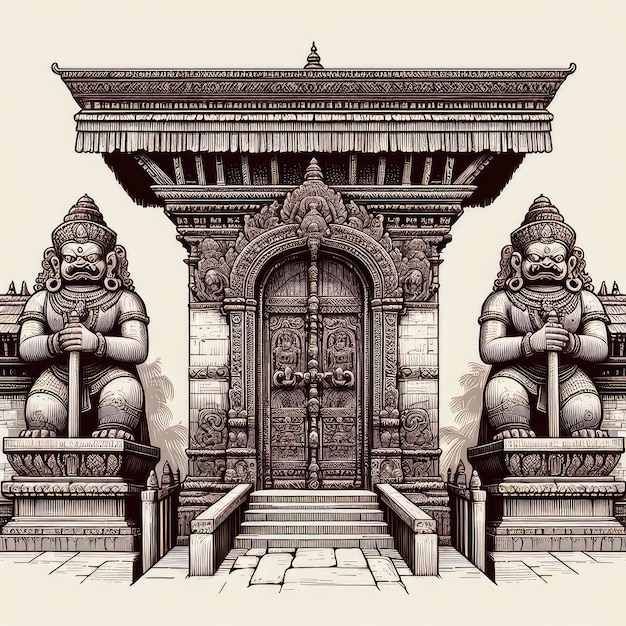 A closeup depiction of a weathered stone entrance gate to a Nepali temple adorned with intricate